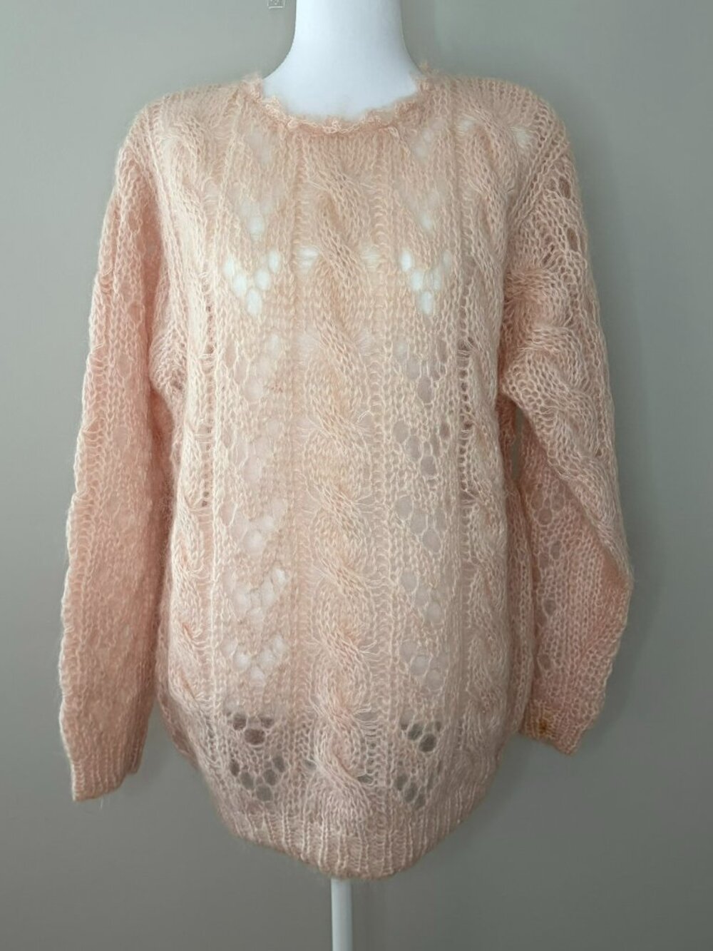 From Iris Pink Chunky Cable Knit Sweater Openwork Lace Mohair Style Oversized